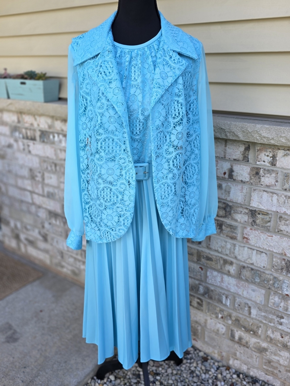 Vintage 70s Aqua Pleated Dress & Lace Vest Set Belted Size 14.5